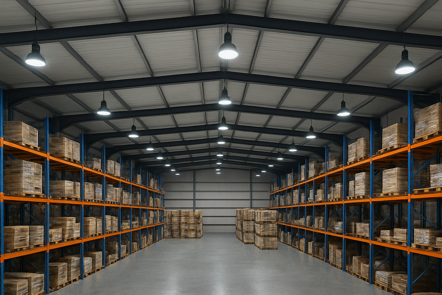 LED High bay lighting in storage warehouse