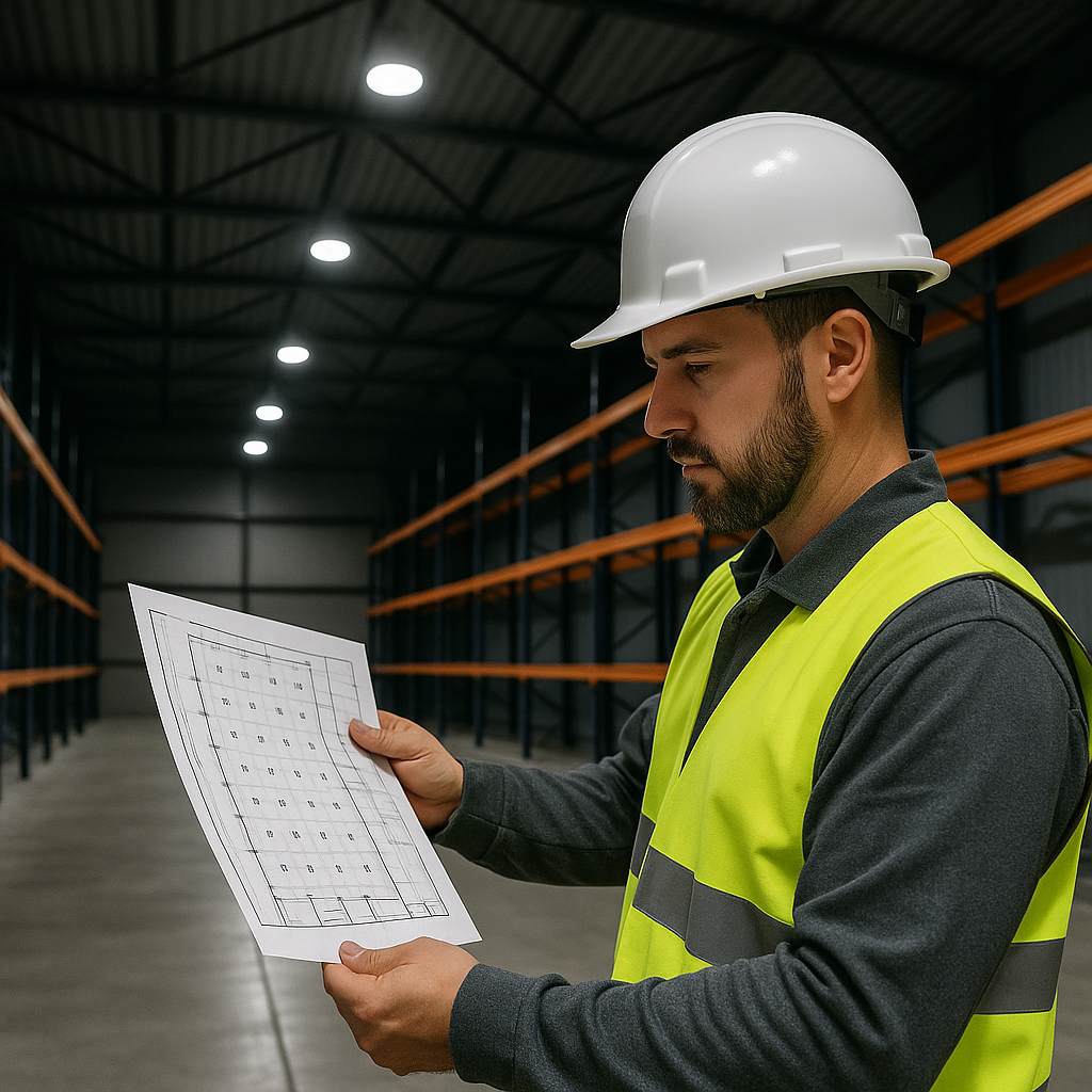 Warehouse lighting contractor in high-visibility jacket reviewing lighting design plans