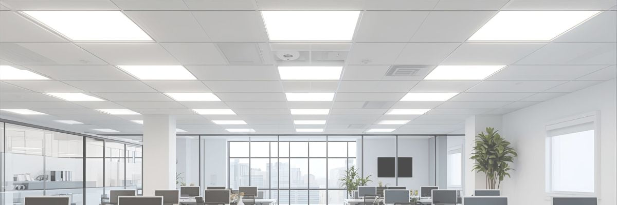 UGR<19 LED office panels providing low-glare lighting in modern workspace