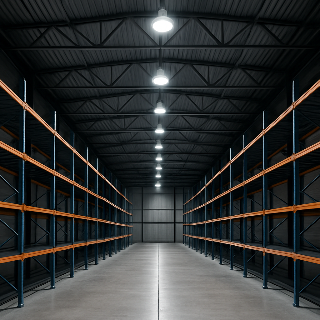 LED high bay lights installed in a warehouse with tall shelving