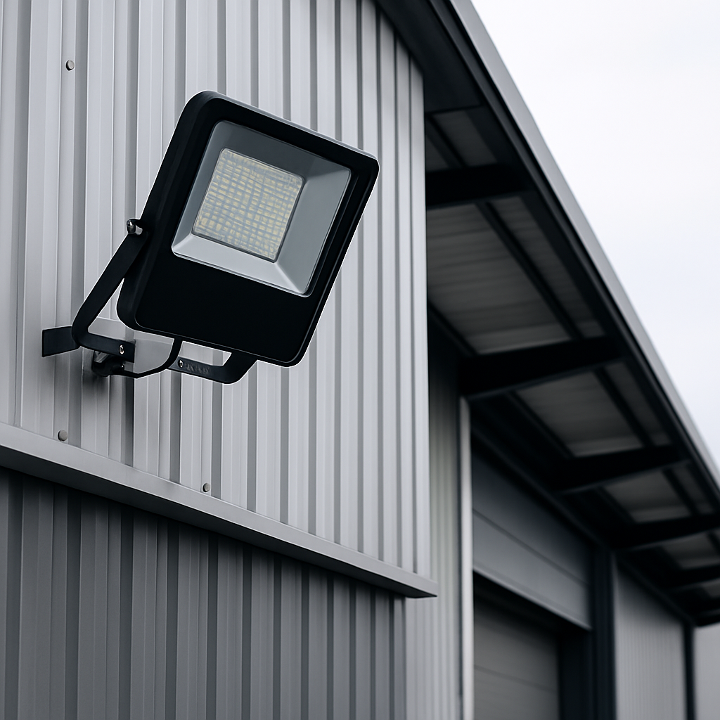 LED floodlight mounted on industrial warehouse exterior wall