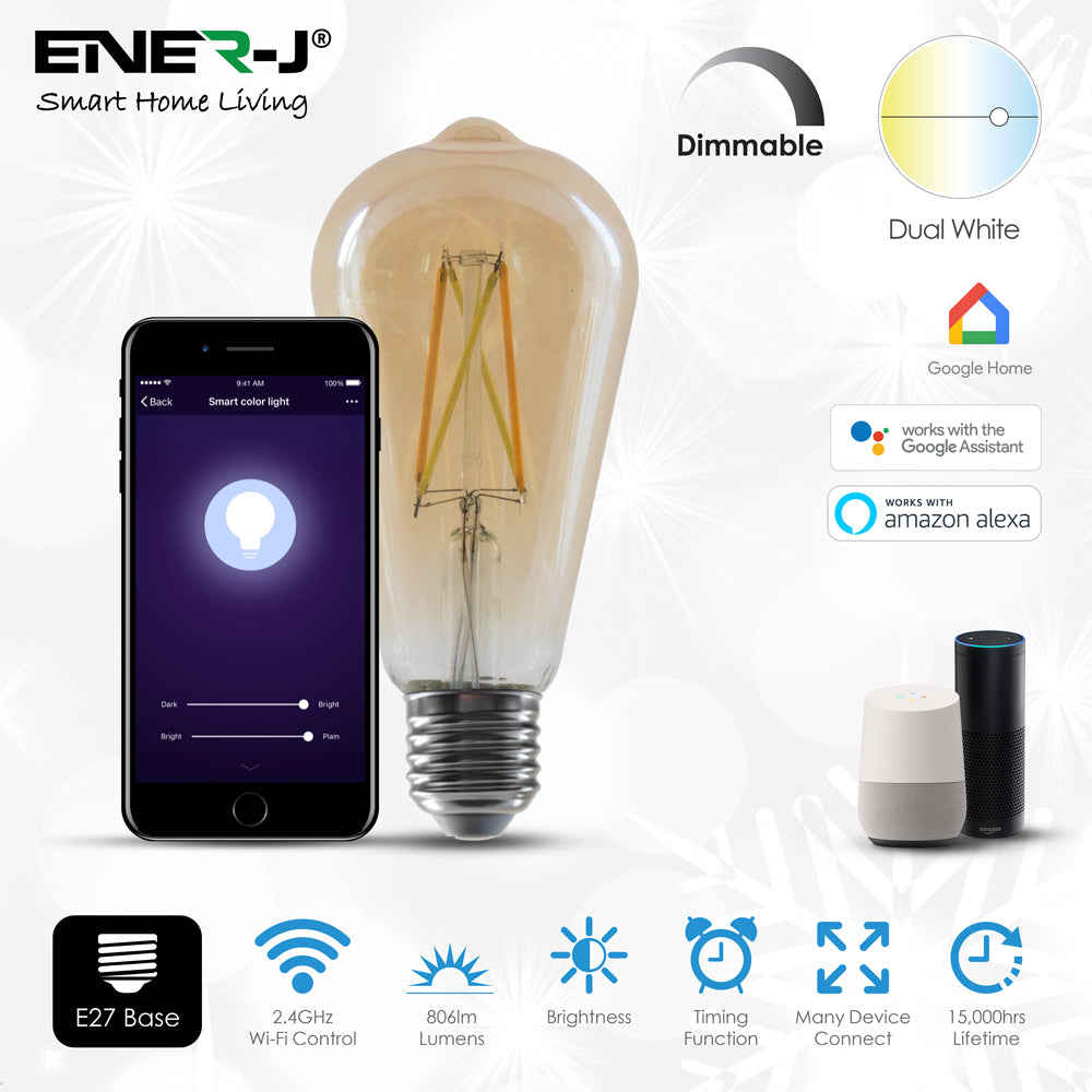 Smart WiFi Amber Glass ST64 Tear LED Lamp E27, 8.5W, CCT Changeable - Dimmable